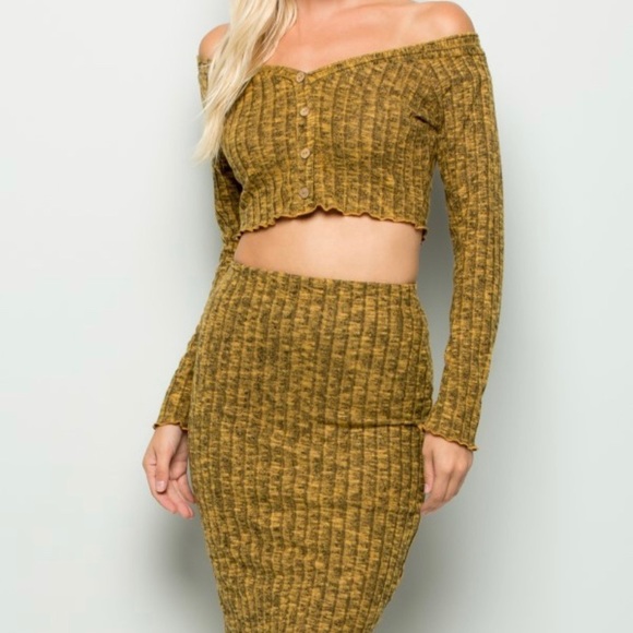 Dresses & Skirts - Mustard Ribbed 2-Piece Skirt Set | Off-the-Shoulder Crop Top and Midi Skirt